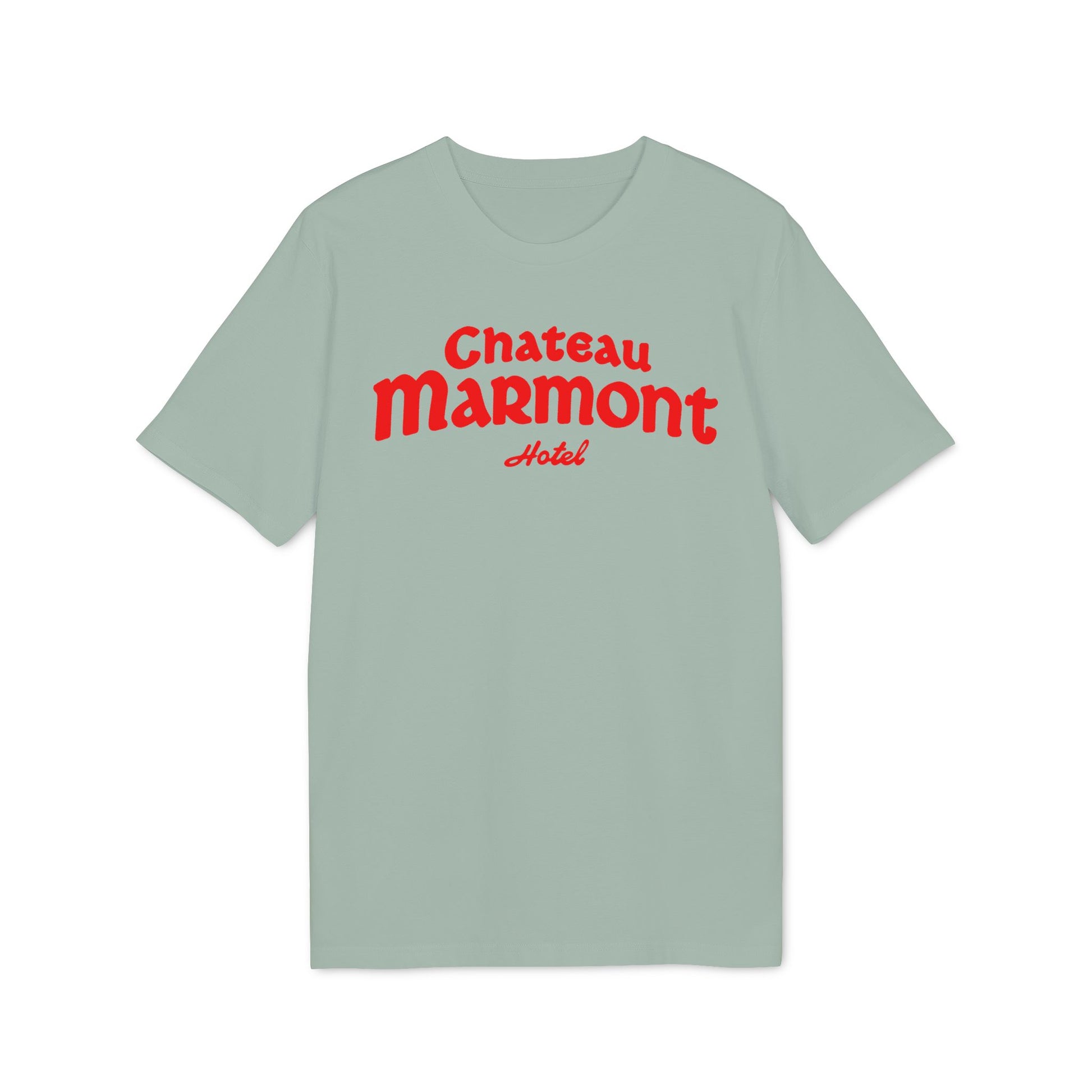 Light sage green t-shirt with red Chateau Marmont Hotel text.
