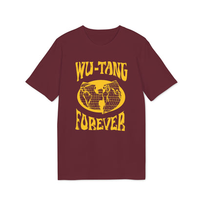 Maroon t-shirt with yellow "Wu-Tang Forever" text and globe graphic.
