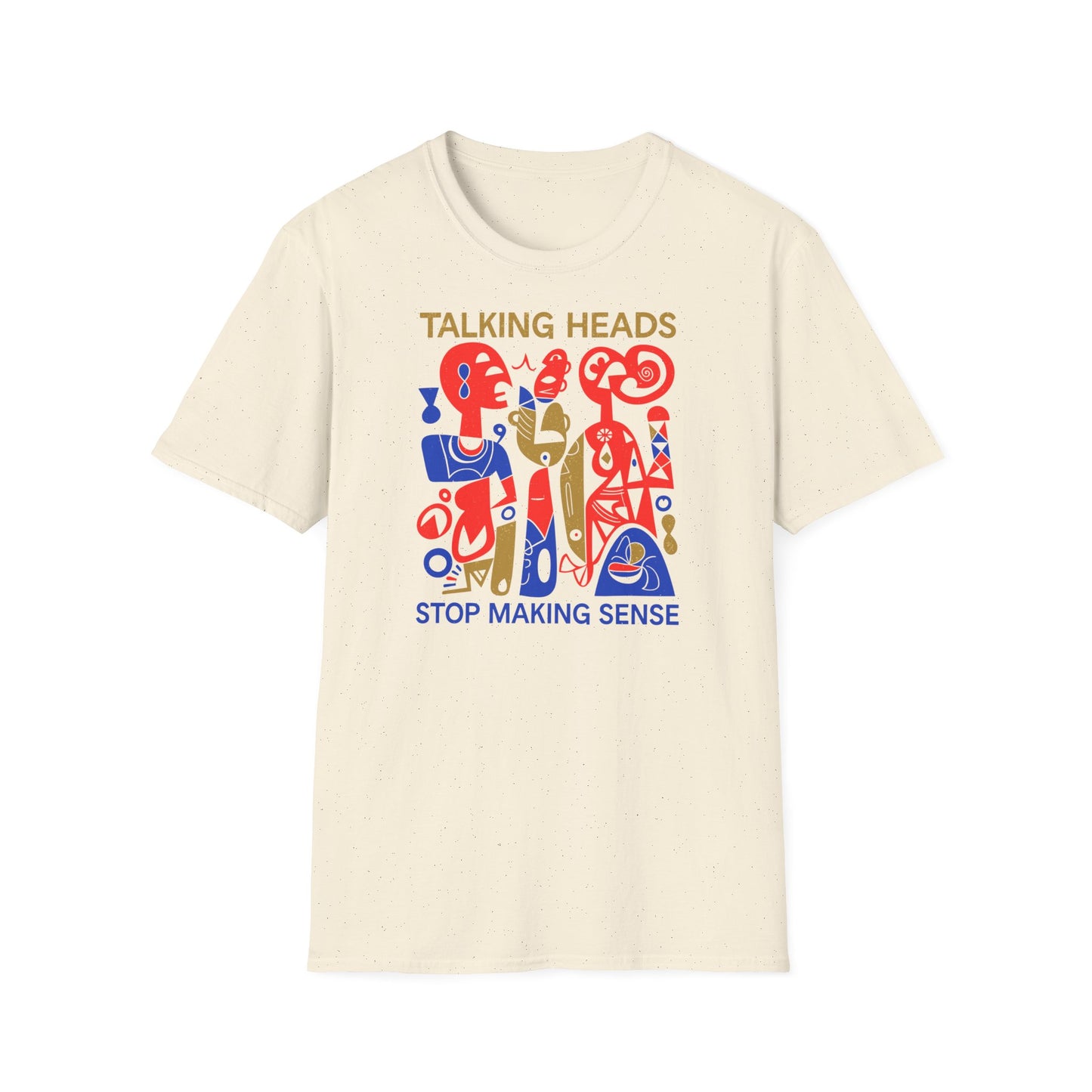 Talking Heads Stop Making Sense shirt featuring abstract red, blue, and gold figures.