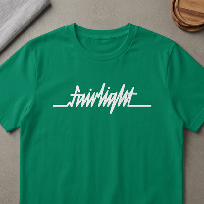 Green t-shirt with white "fairlight" text logo incorporating a heartbeat line.