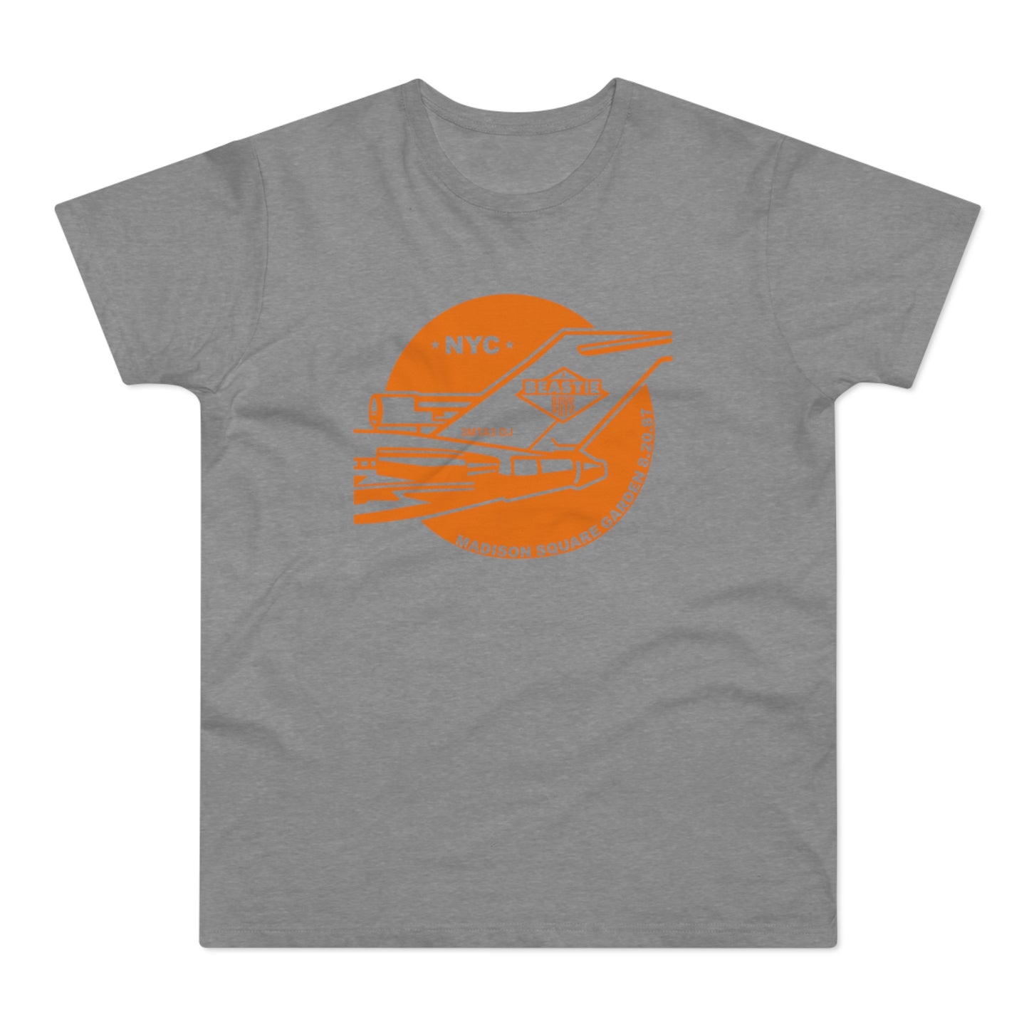 Orange graphic on gray t-shirt with text "NYC", "BEASTIE BOYS", and "MADISON SQUARE GARDEN 8.20.87".