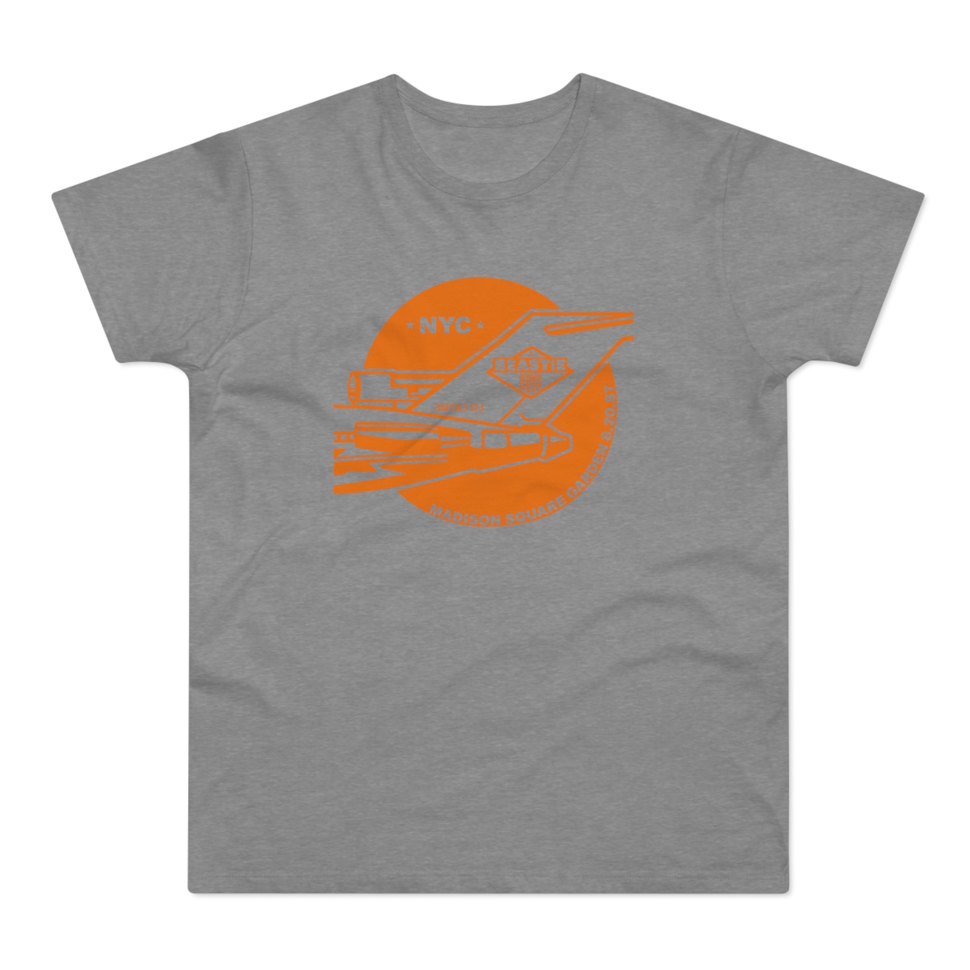 Orange graphic on gray t-shirt with text "NYC", "BEASTIE BOYS", and "MADISON SQUARE GARDEN 8.20.87".