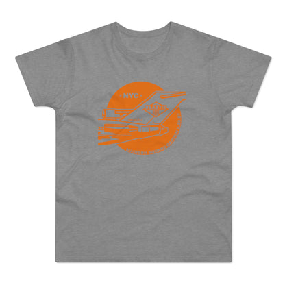 Orange graphic on gray t-shirt with text "NYC", "BEASTIE BOYS", and "MADISON SQUARE GARDEN 8.20.87".