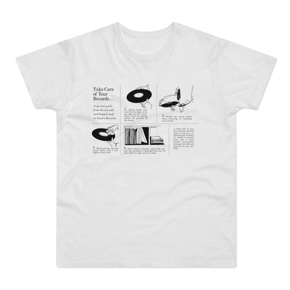 T-shirt graphic with instructions for taking care of your records.