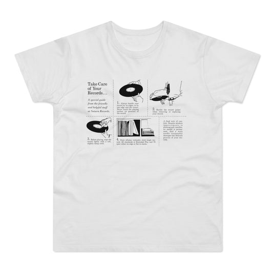 T-shirt graphic with instructions for taking care of your records.