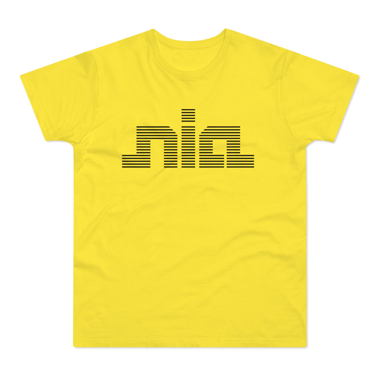 Yellow t-shirt with black horizontal lines forming the word "nia"