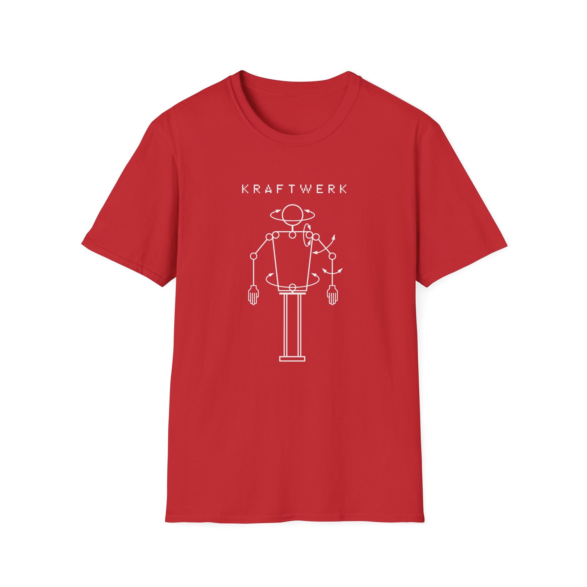 Red t-shirt with white Kraftwerk logo and abstract robot graphic.