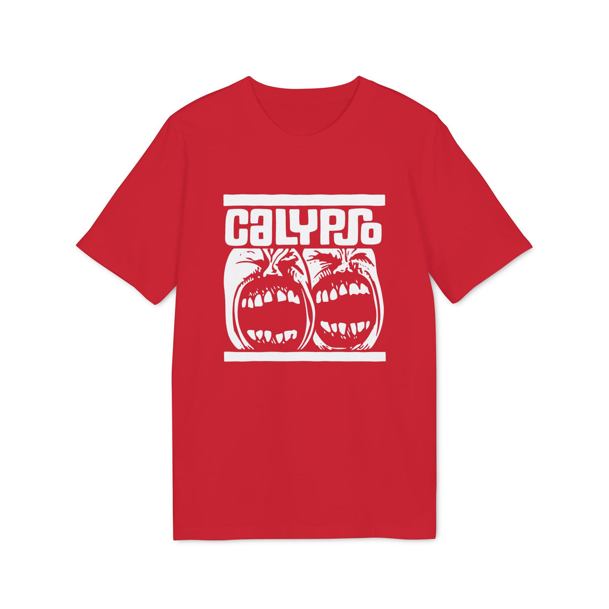 Red t-shirt with white "CALYPSO" text and two screaming faces.