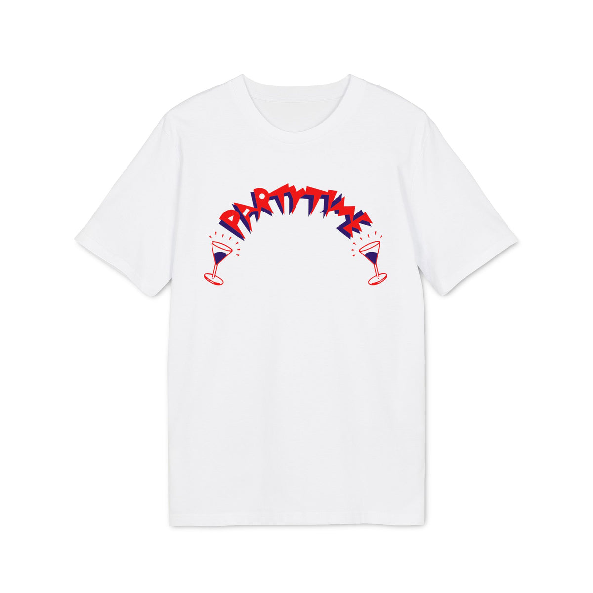 White t-shirt with "PARTYTIME" text and two martini glasses.