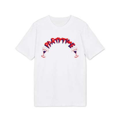 White t-shirt with "PARTYTIME" text and two martini glasses.