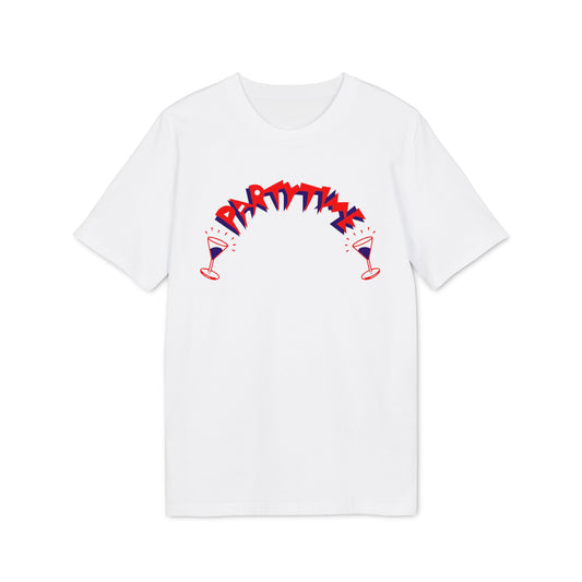White t-shirt with "PARTYTIME" text and two martini glasses.