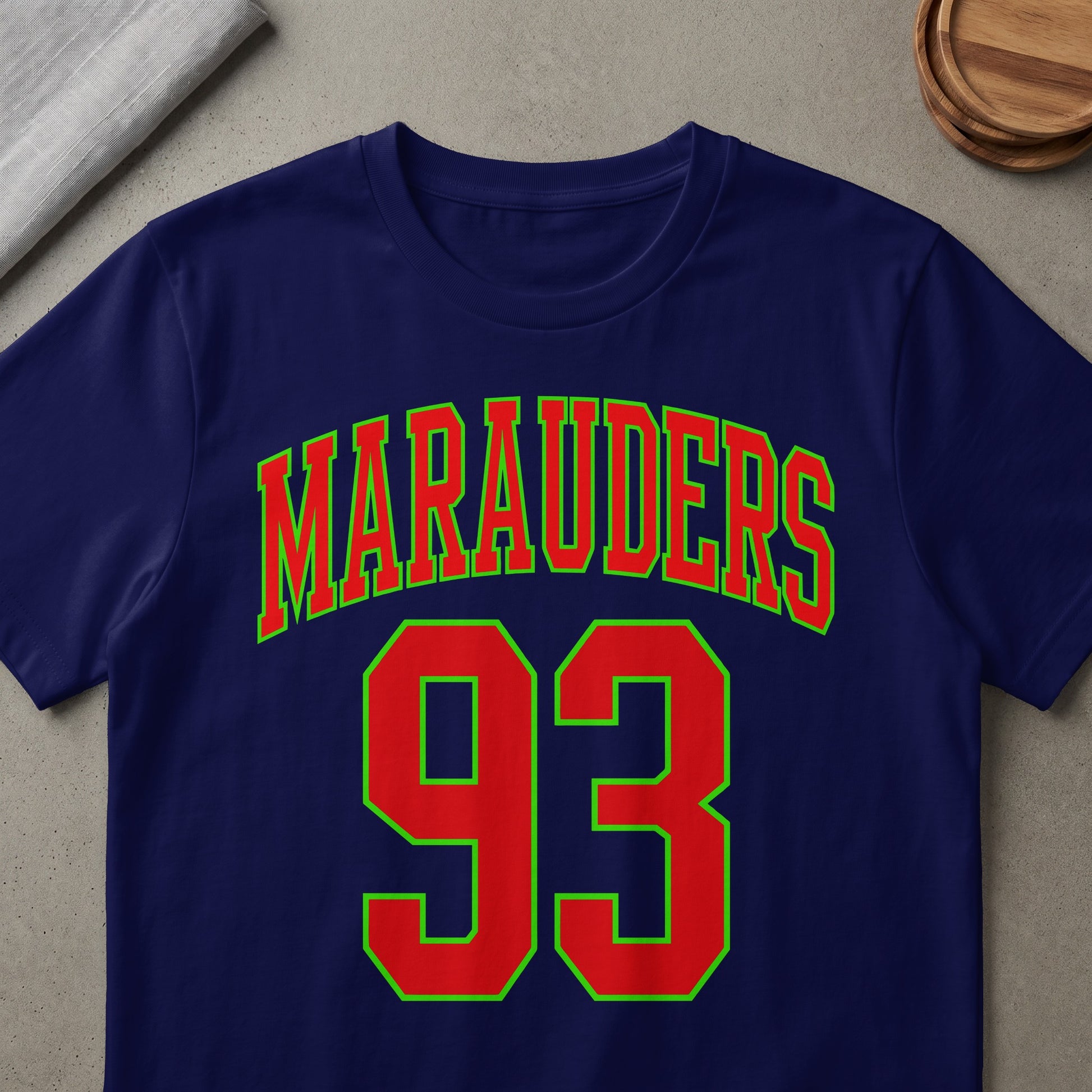 Navy t-shirt with red "Marauders" text and "93" number.