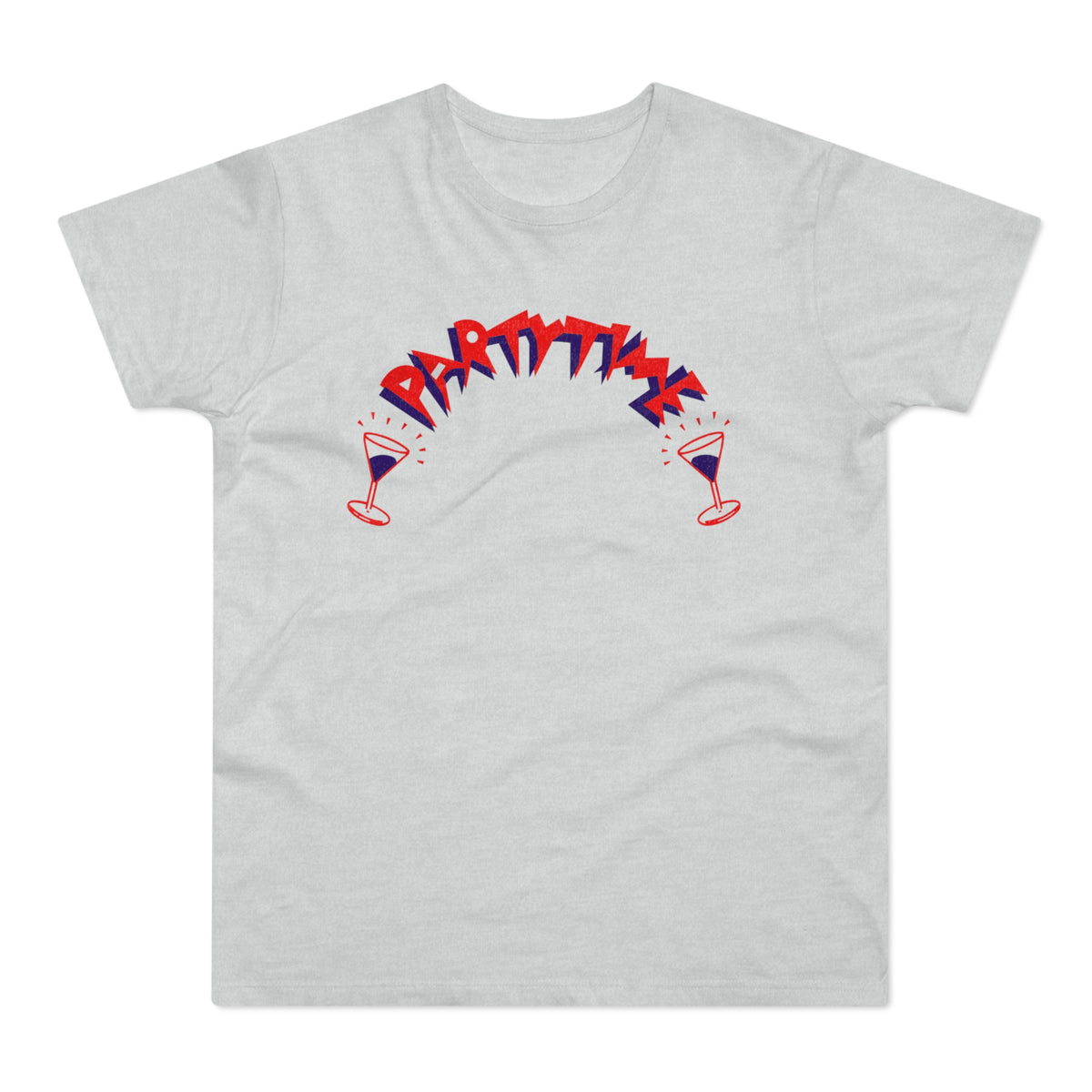 Light grey t-shirt with red and blue "PARTY TIME" text and cocktail glasses.