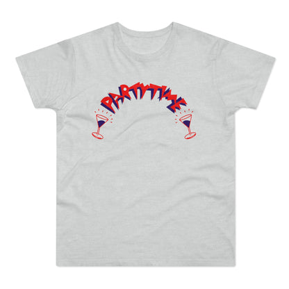 Light grey t-shirt with red and blue "PARTY TIME" text and cocktail glasses.