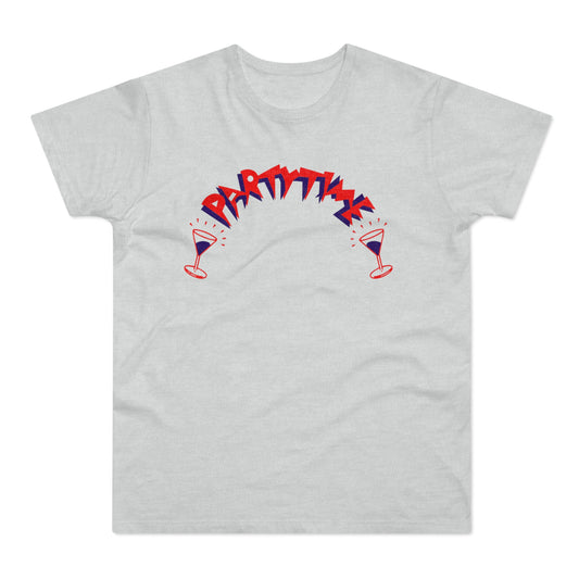 Light grey t-shirt with red and blue "PARTY TIME" text and cocktail glasses.