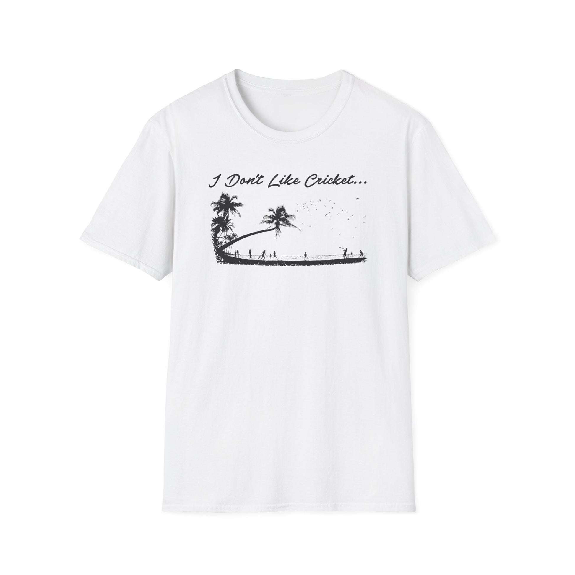 White t-shirt with "I Don't Like Cricket..." text and tropical palm tree graphic.