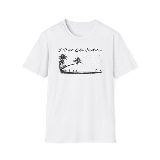 White t-shirt with "I Don't Like Cricket..." text and tropical palm tree graphic.