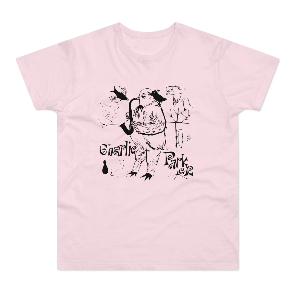 Black line art of bird playing saxophone with "Charlie Parker" text on pink shirt.