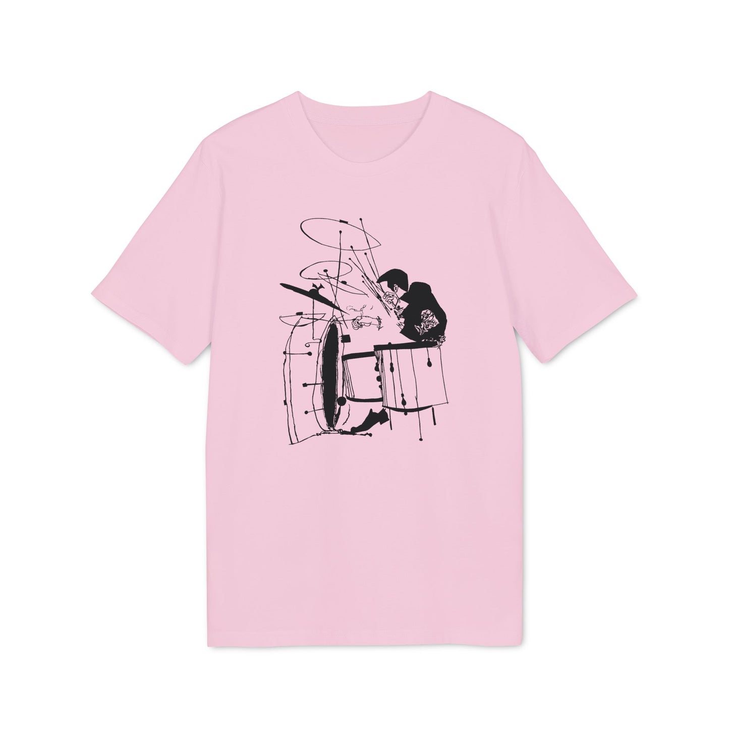 Pink t-shirt with black ink drawing of a drummer and drum set.
