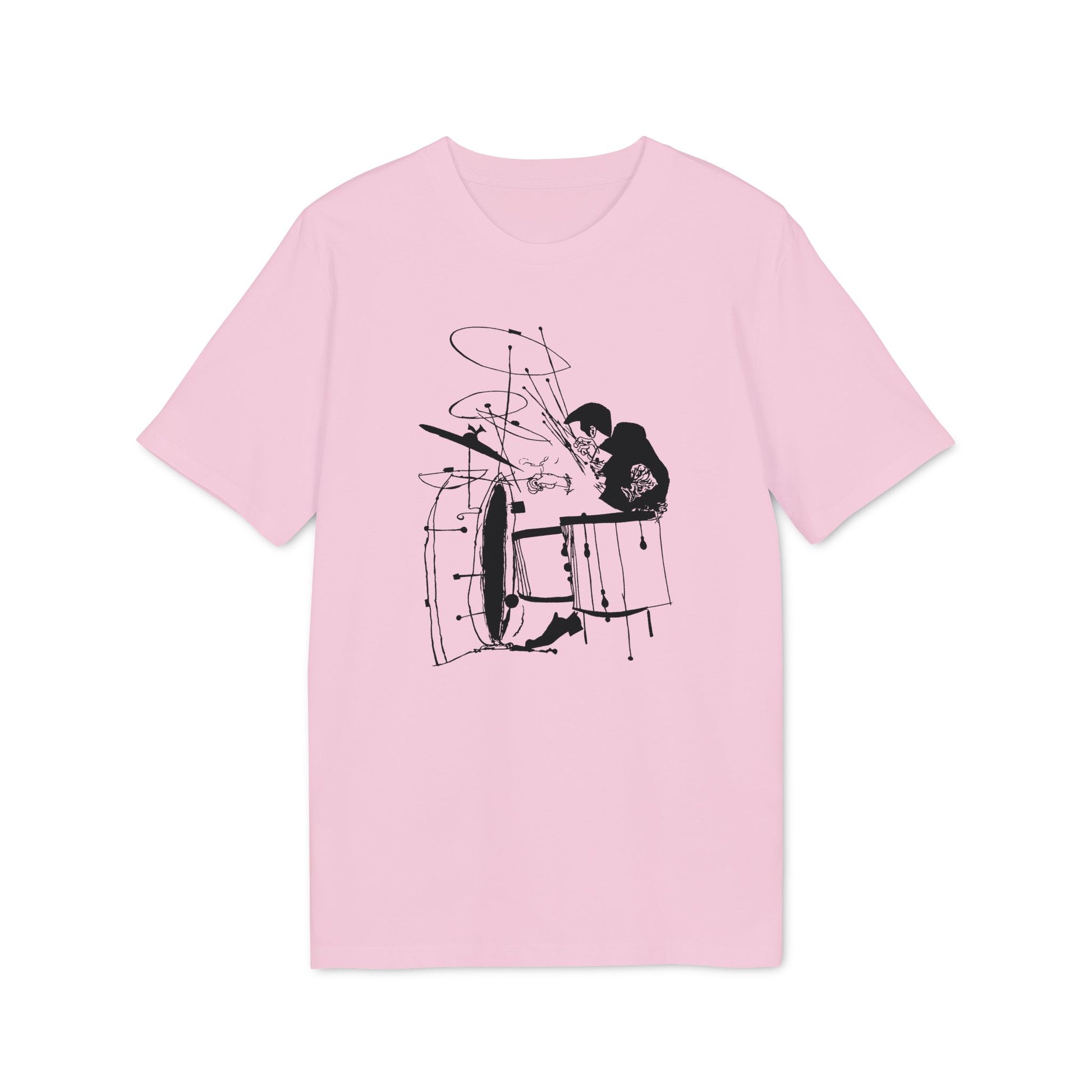Pink t-shirt with black ink drawing of a drummer and drum set.