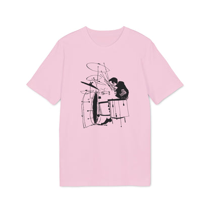 Pink t-shirt with black ink drawing of a drummer and drum set.