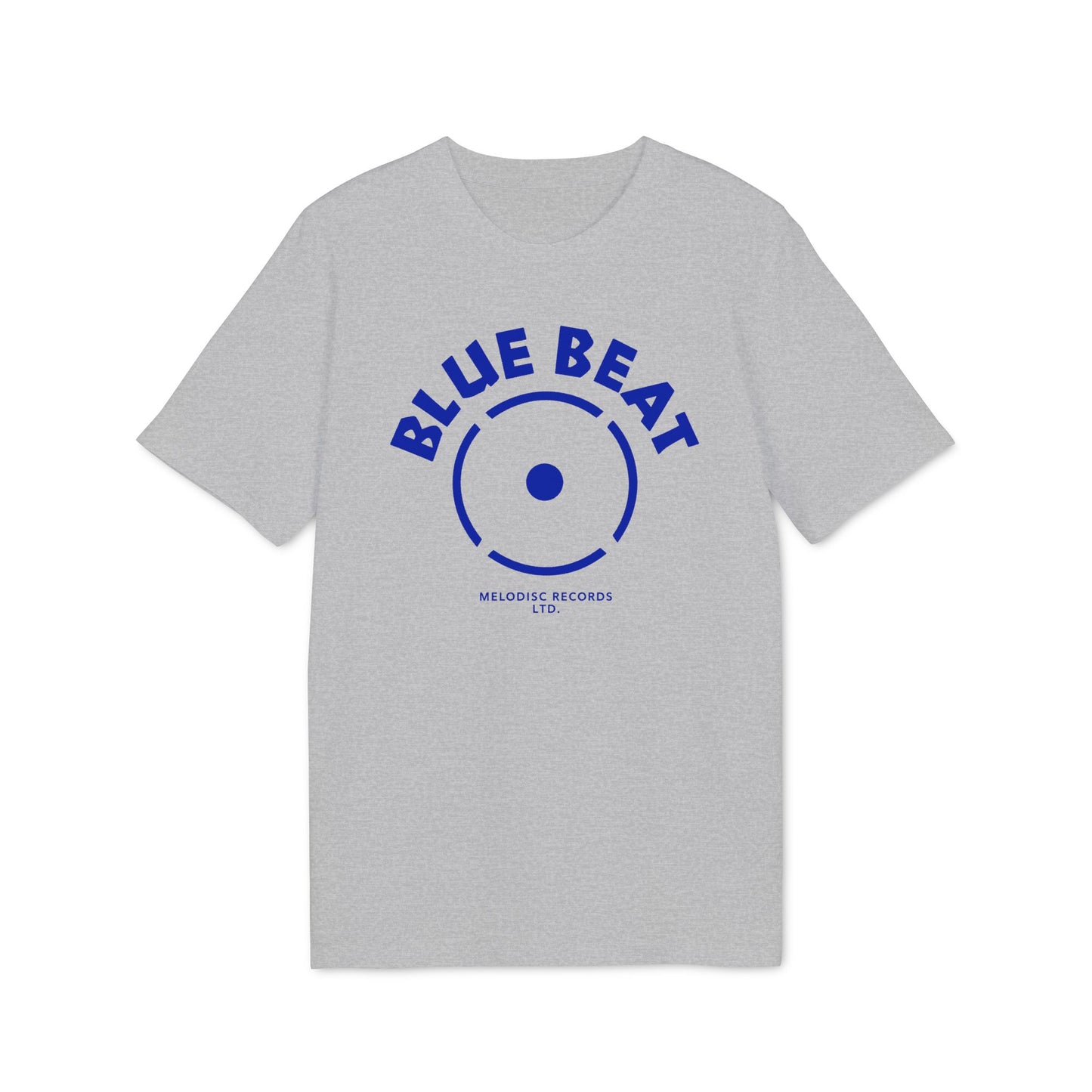 Grey t-shirt with blue "BLUE BEAT" text and record label graphic.