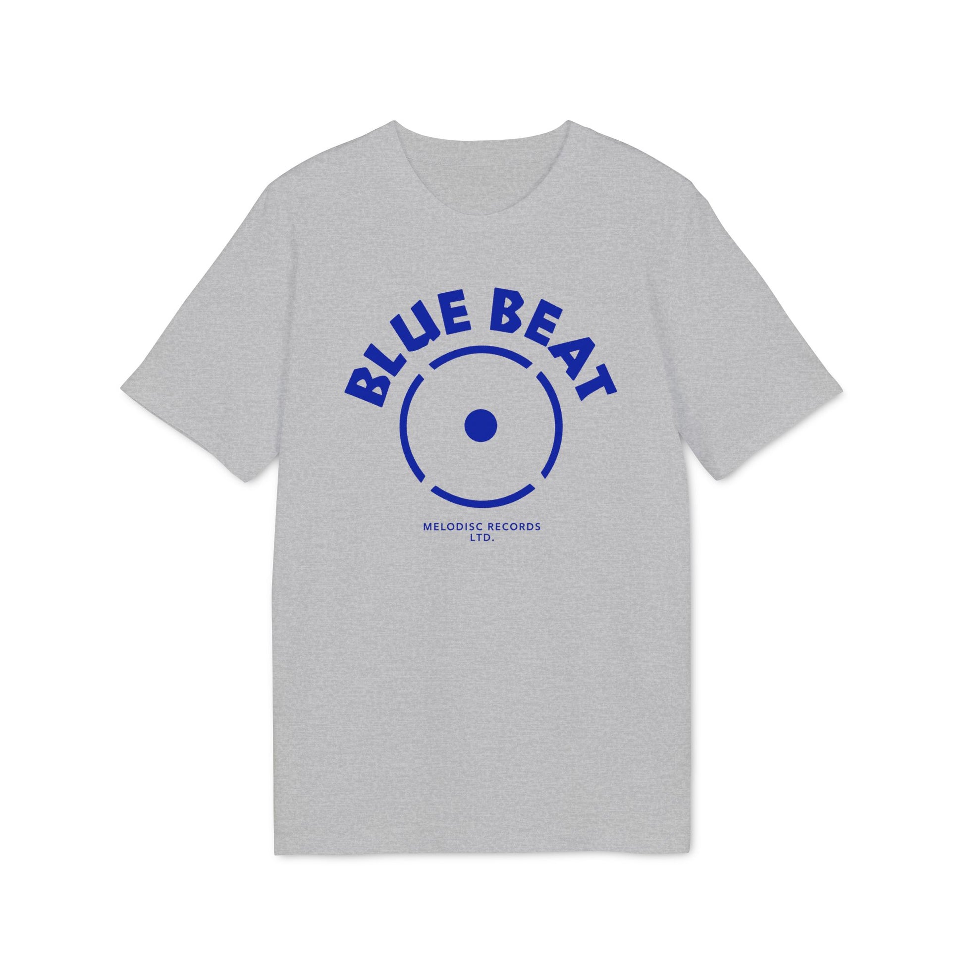 Grey t-shirt with blue "BLUE BEAT" text and record label graphic.