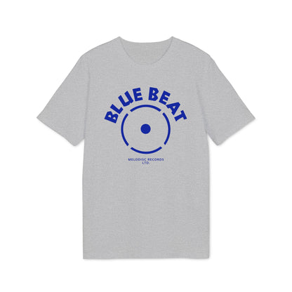 Grey t-shirt with blue "BLUE BEAT" text and record label graphic.