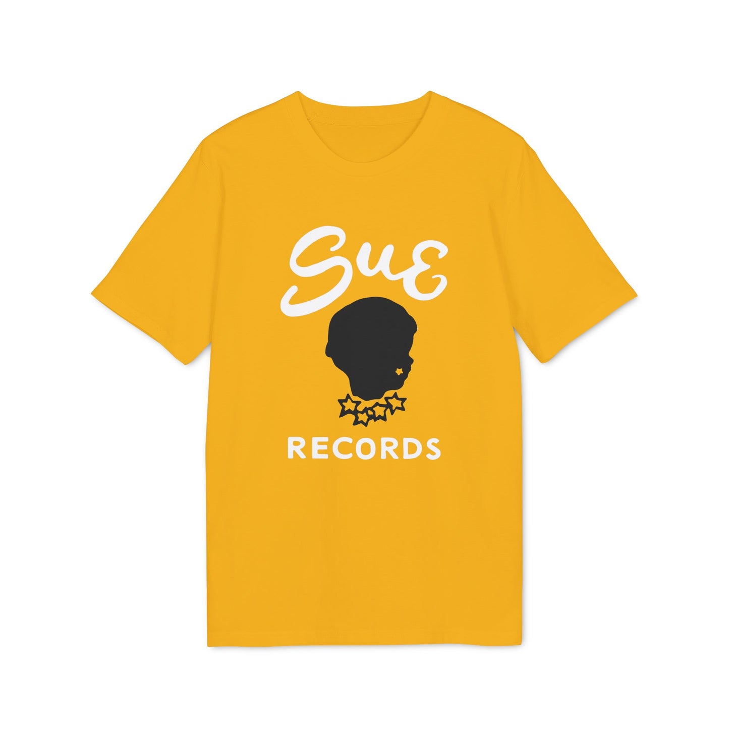 Yellow t-shirt with white "Sue" script, black silhouette head, and "RECORDS" text.