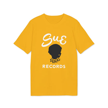 Yellow t-shirt with white "Sue" script, black silhouette head, and "RECORDS" text.