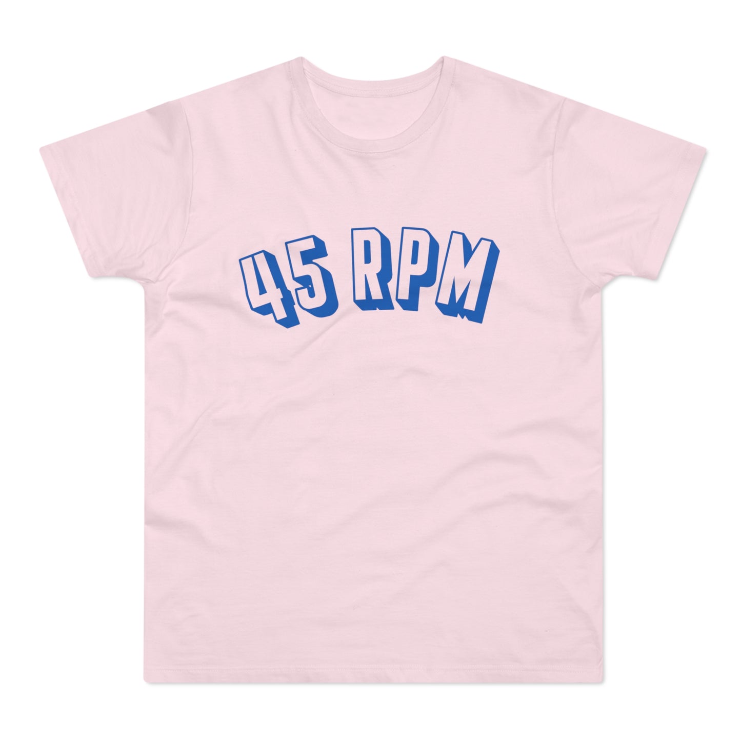 Light pink t-shirt with blue "45 RPM" text graphic.