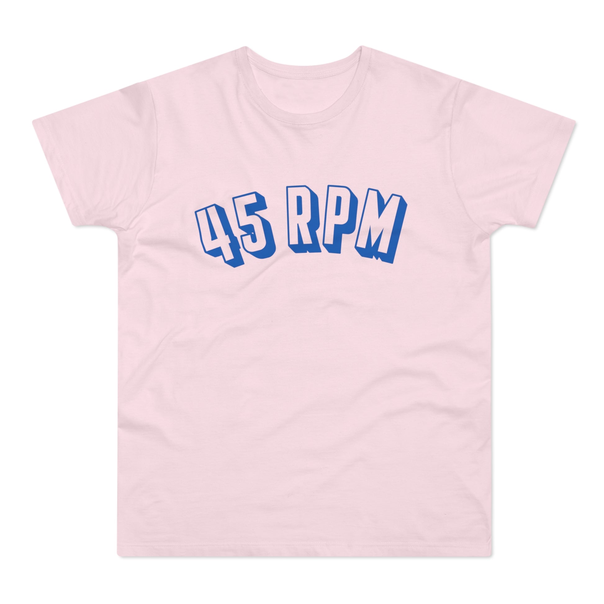 Light pink t-shirt with blue "45 RPM" text graphic.