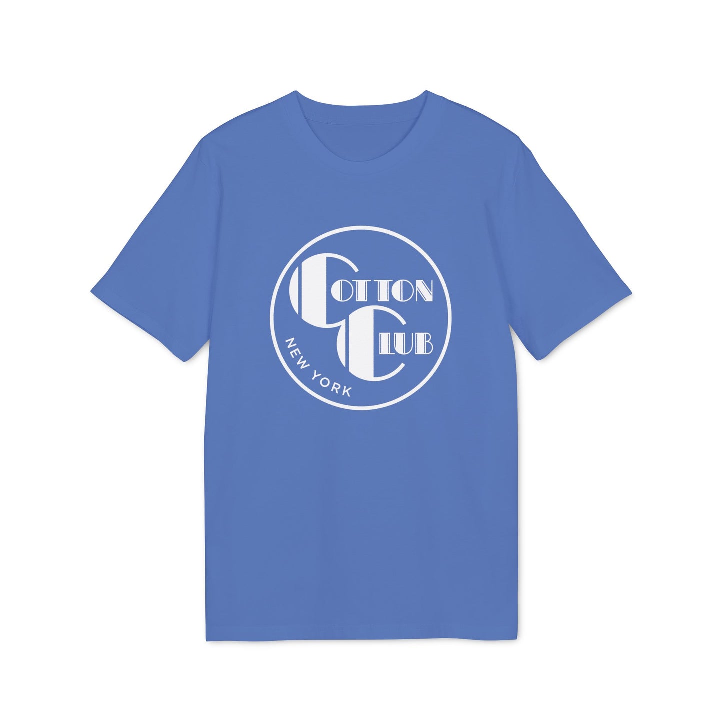 Blue t-shirt with circular logo that reads "Cotton Club New York".
