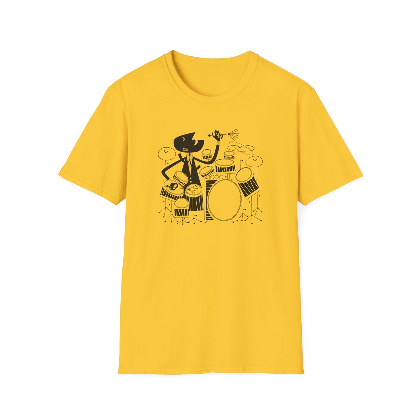 Yellow t-shirt with a black silhouette of a drummer playing a drum set.