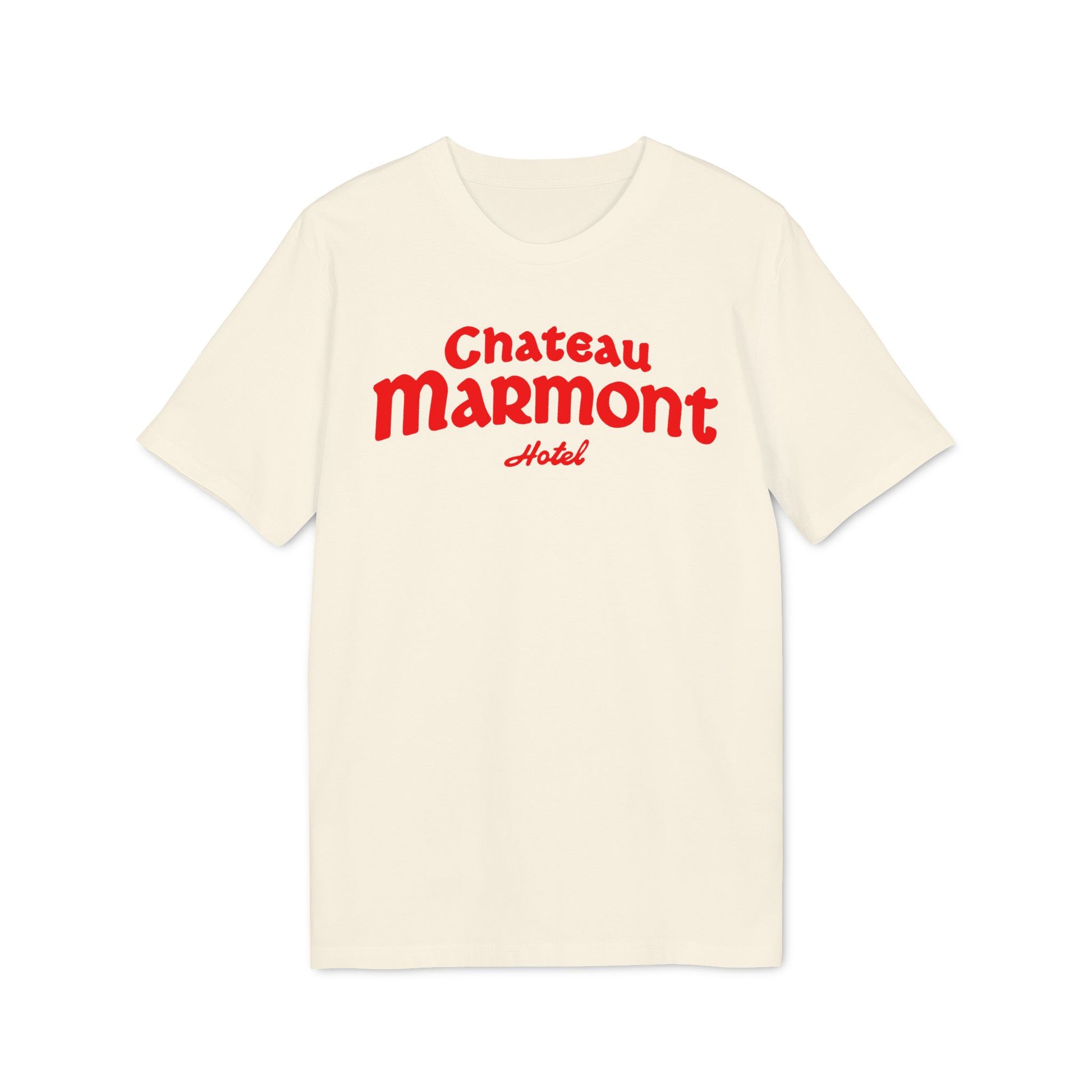 Cream t-shirt with red "Chateau Marmont Hotel" text logo.