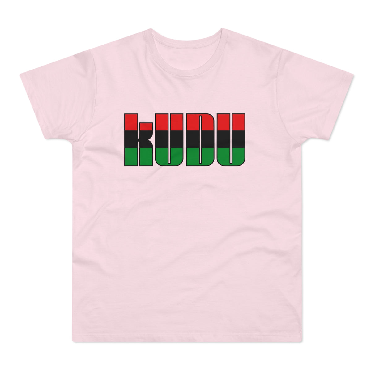 Pink t-shirt with black, red, and green text that reads "KUDU".