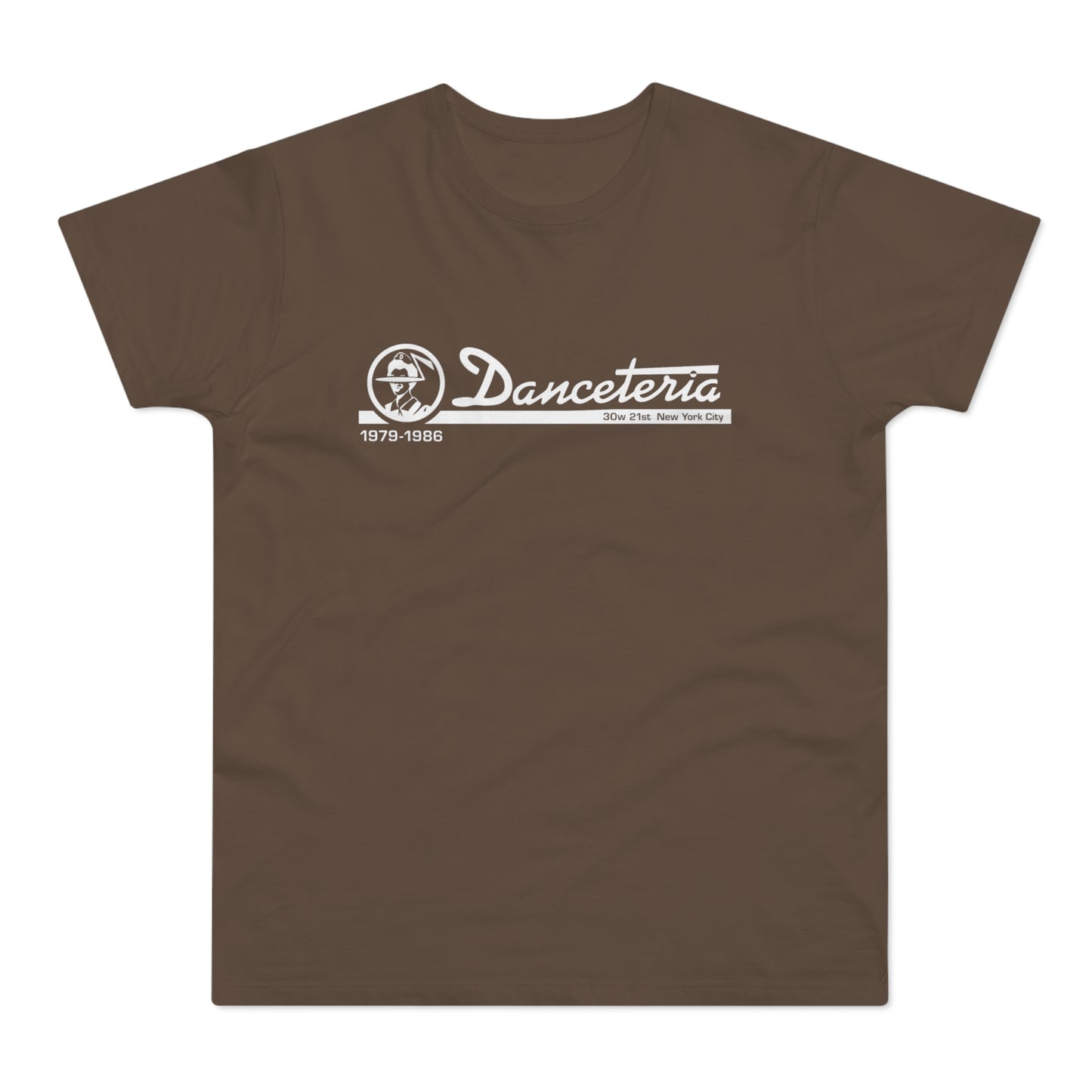 Danceteria 1979-1986 30w 21st New York City logo on brown t-shirt.
