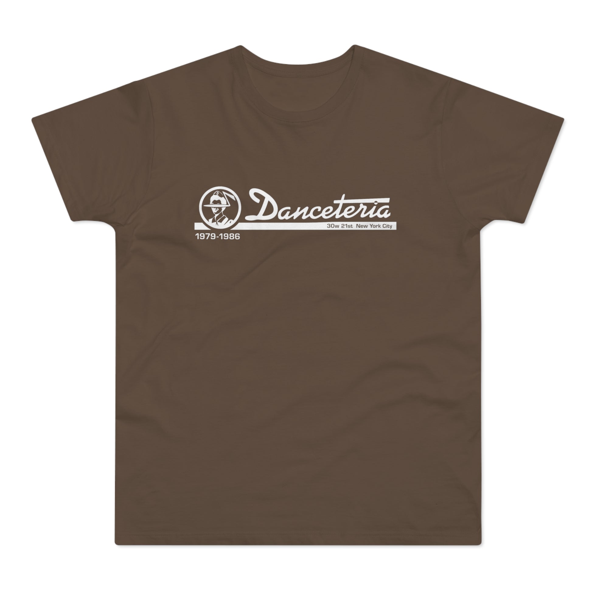 Danceteria 1979-1986 30w 21st New York City logo on brown t-shirt.