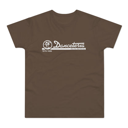 Danceteria 1979-1986 30w 21st New York City logo on brown t-shirt.