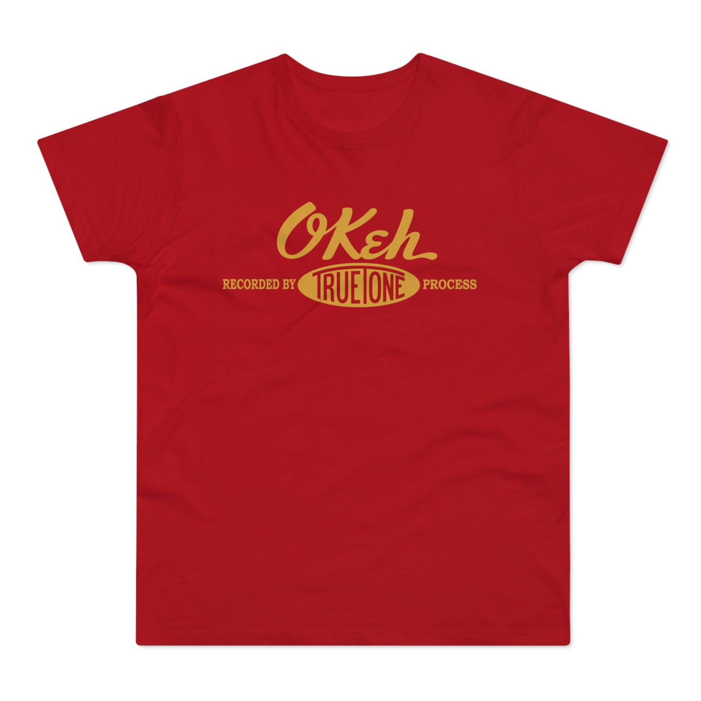 Red t-shirt with "OKeh TRUE ONE PROCESS" text and logo.