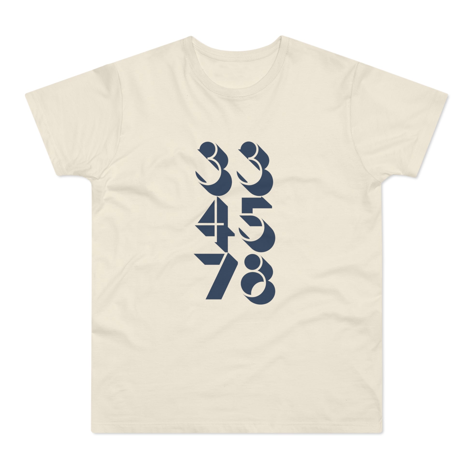 Cream t-shirt with dark blue numbers 334578 in two columns.