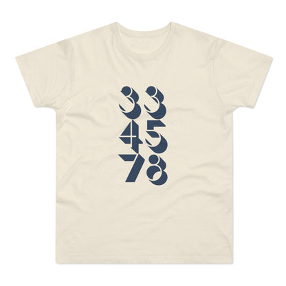 Cream t-shirt with dark blue numbers 334578 in two columns.
