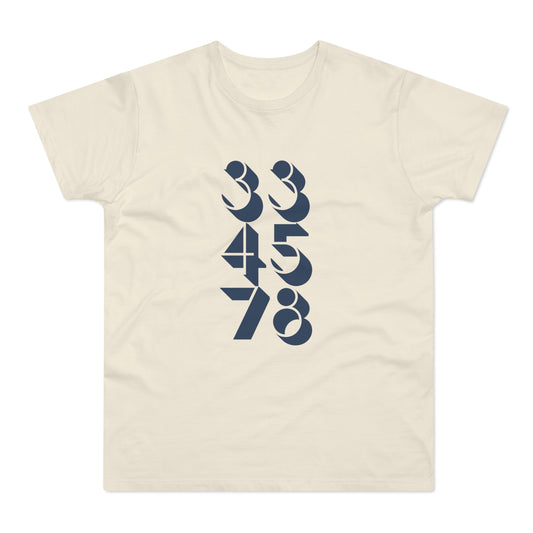 Cream t-shirt with dark blue numbers 334578 in two columns.