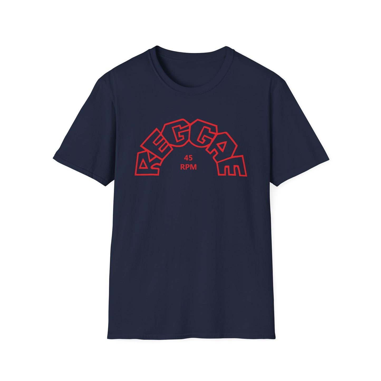 Navy t-shirt with red "REGGAE 45 RPM" graphic in an arc.