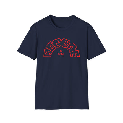 Navy t-shirt with red "REGGAE 45 RPM" graphic in an arc.