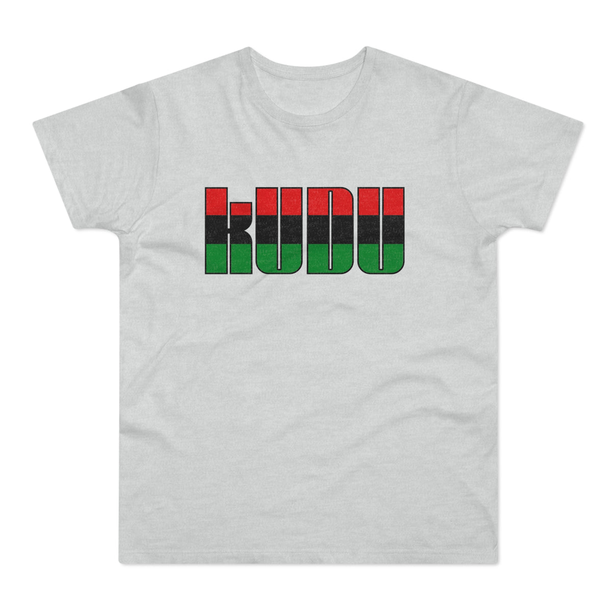 Grey t-shirt with the word "KUDU" in black letters filled with red, black, and green blocks.
