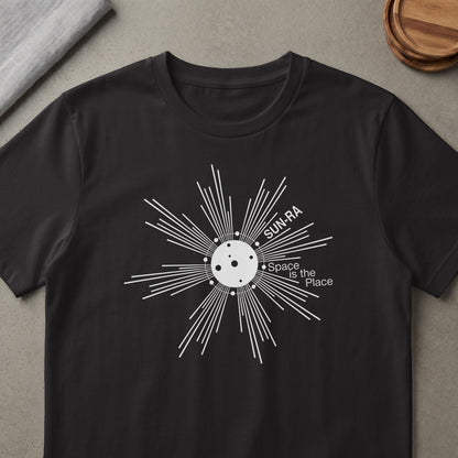 Black t-shirt with white "SUN-RA" and "Space is the Place" text and graphic.