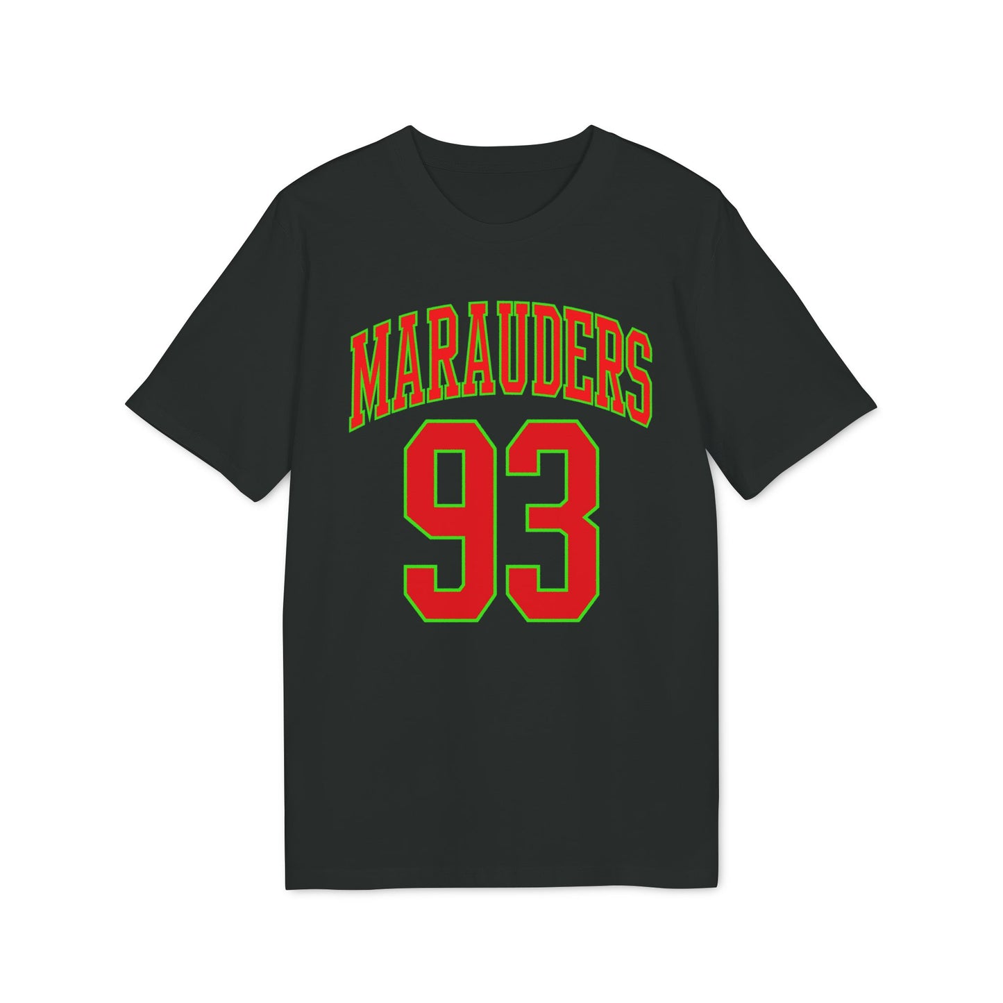 Black t-shirt with "MARAUDERS 93" text in red and green.