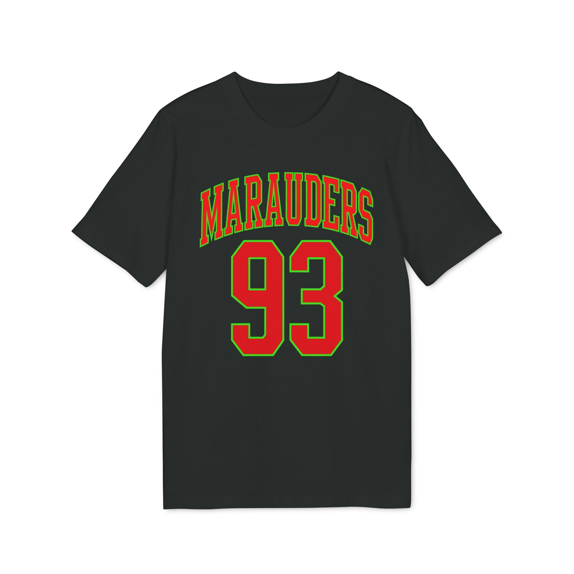 Black t-shirt with "MARAUDERS 93" text in red and green.
