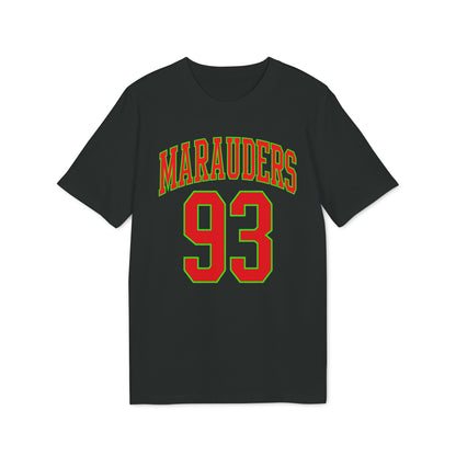Black t-shirt with "MARAUDERS 93" text in red and green.